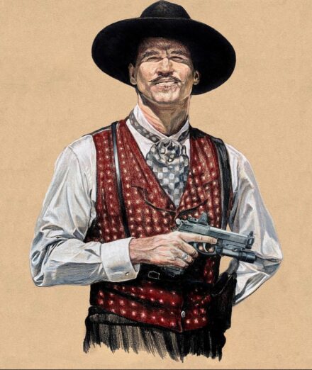 A signed and numbered print of Doc Holliday (with a Beretta 92 Elite LTT blaster). The original drawing was made with colored pencil on Stonehenge paper.