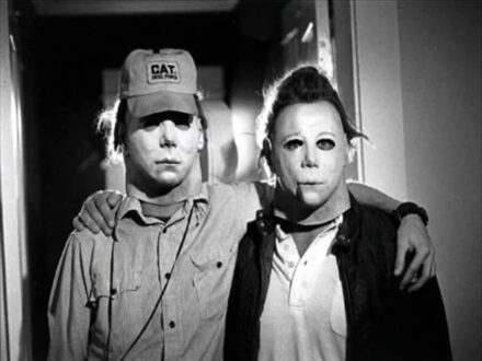 Director John Carpenter and actor Nick Castle on the set of Halloween (1978).